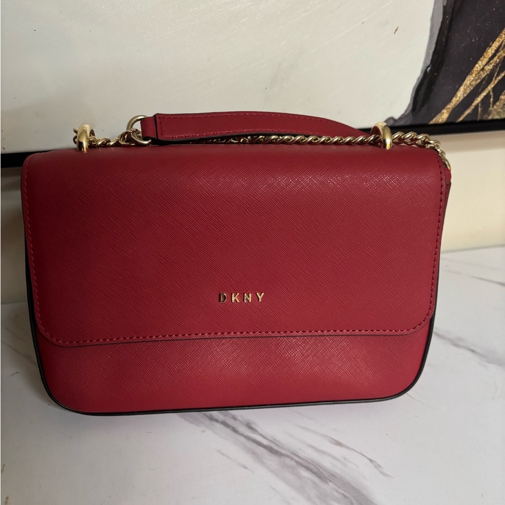 DKNY Red Leather Crossbody with Gold Chain Strap